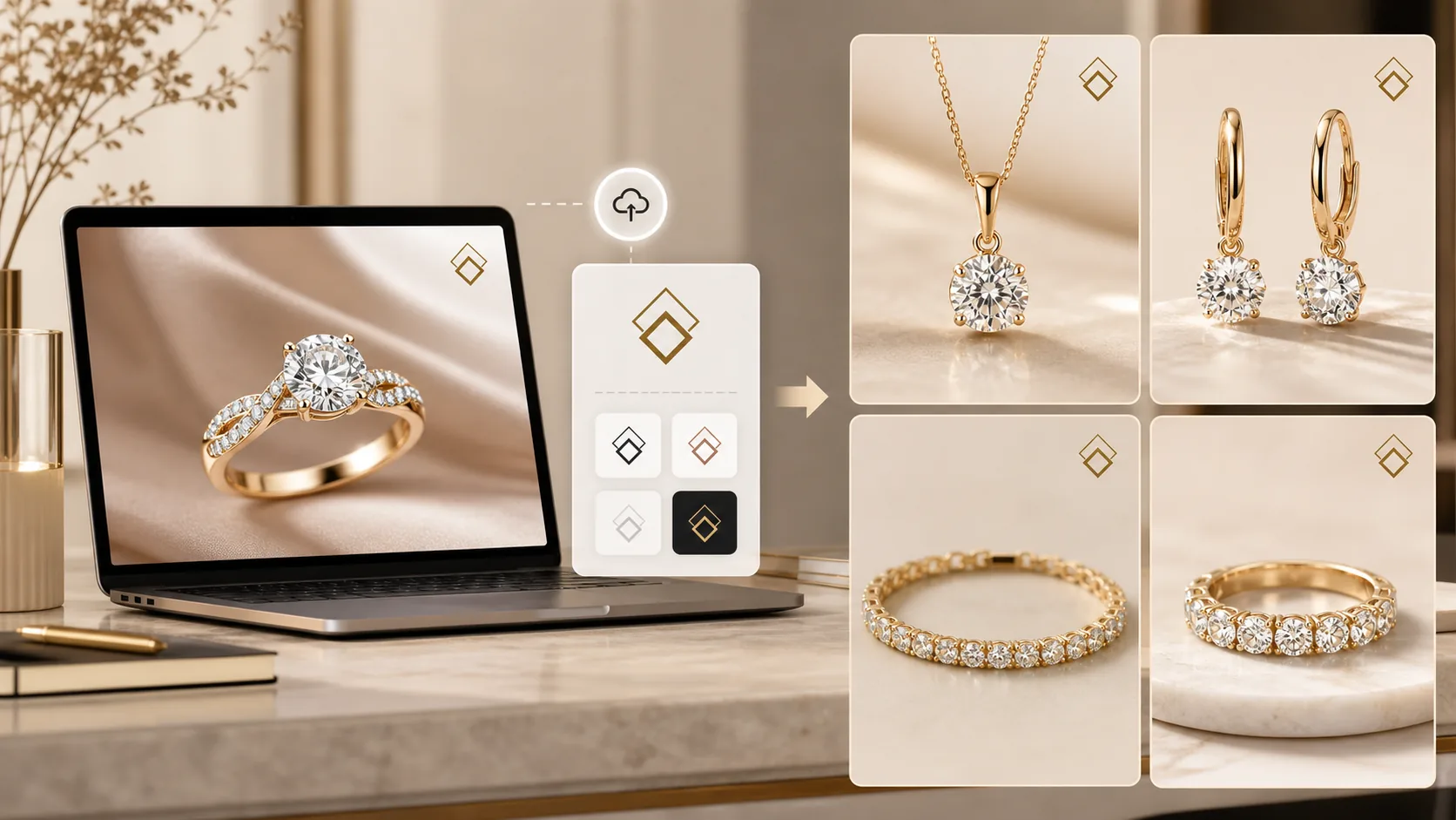 AI jewellery product photos exported with a jeweller logo applied to every image